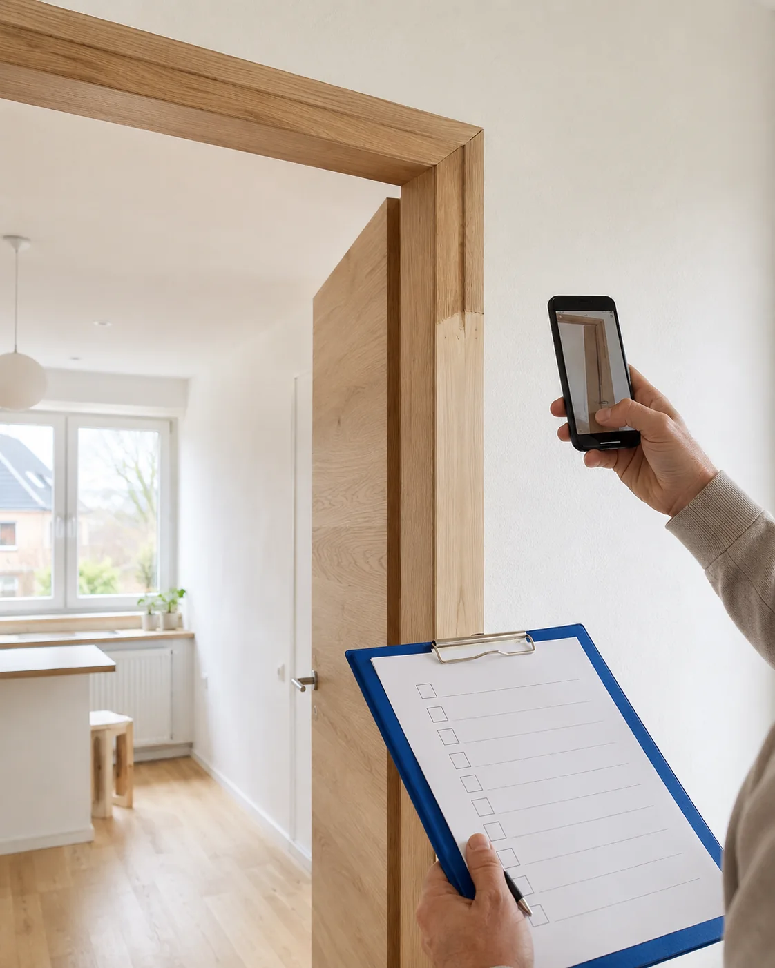 KI-Symbolbild: Sichtbare Auffälligkeiten in einer Wohnung mit Smartphone und Checkliste dokumentieren